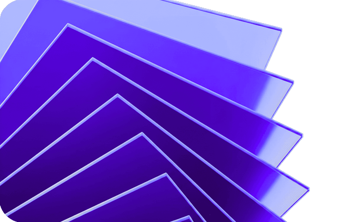 Layered purple brand shapes